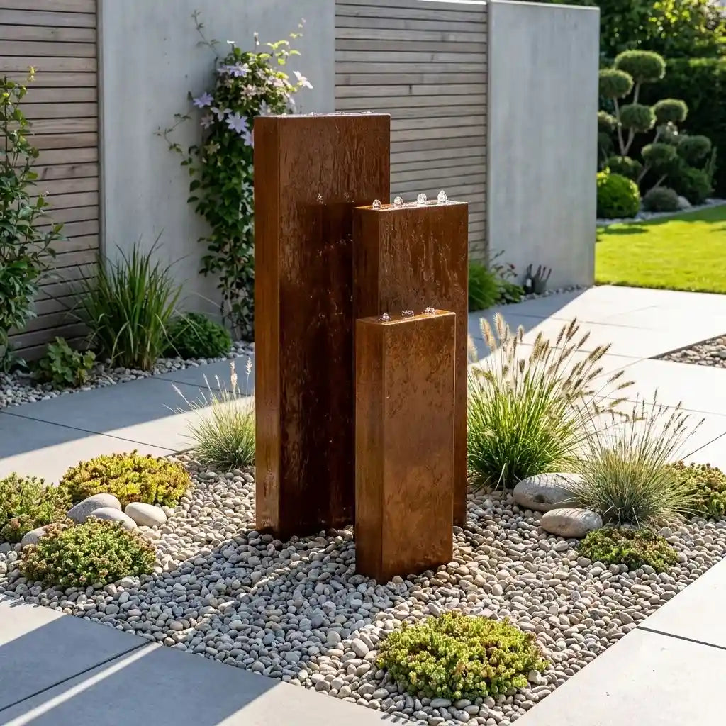 Gleichmäßiger Wasserfilm auf einer Säule des Cortenstahl-Gartenbrunnens Linea 150 cm