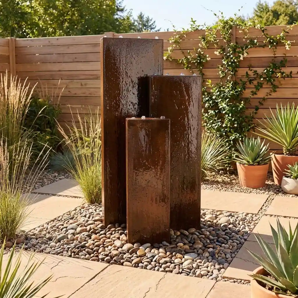 Cortenstahl-Gartenbrunnen Linea 150 cm mit drei gestaffelten Säulen auf einer modernen
Terrasse