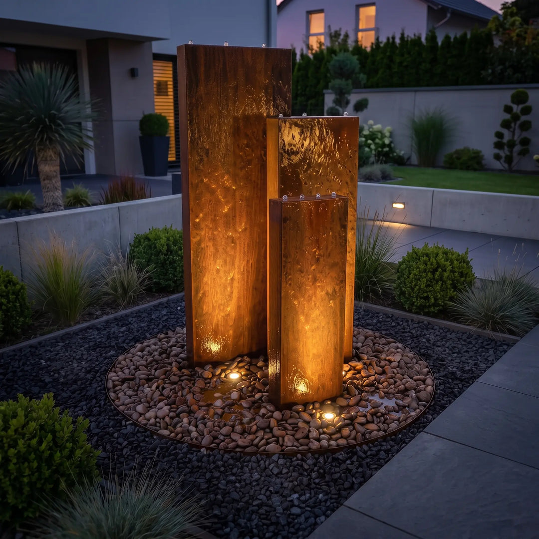 Linea Cortenstahl-Gartenbrunnen mit led Stahler angeleuchtet