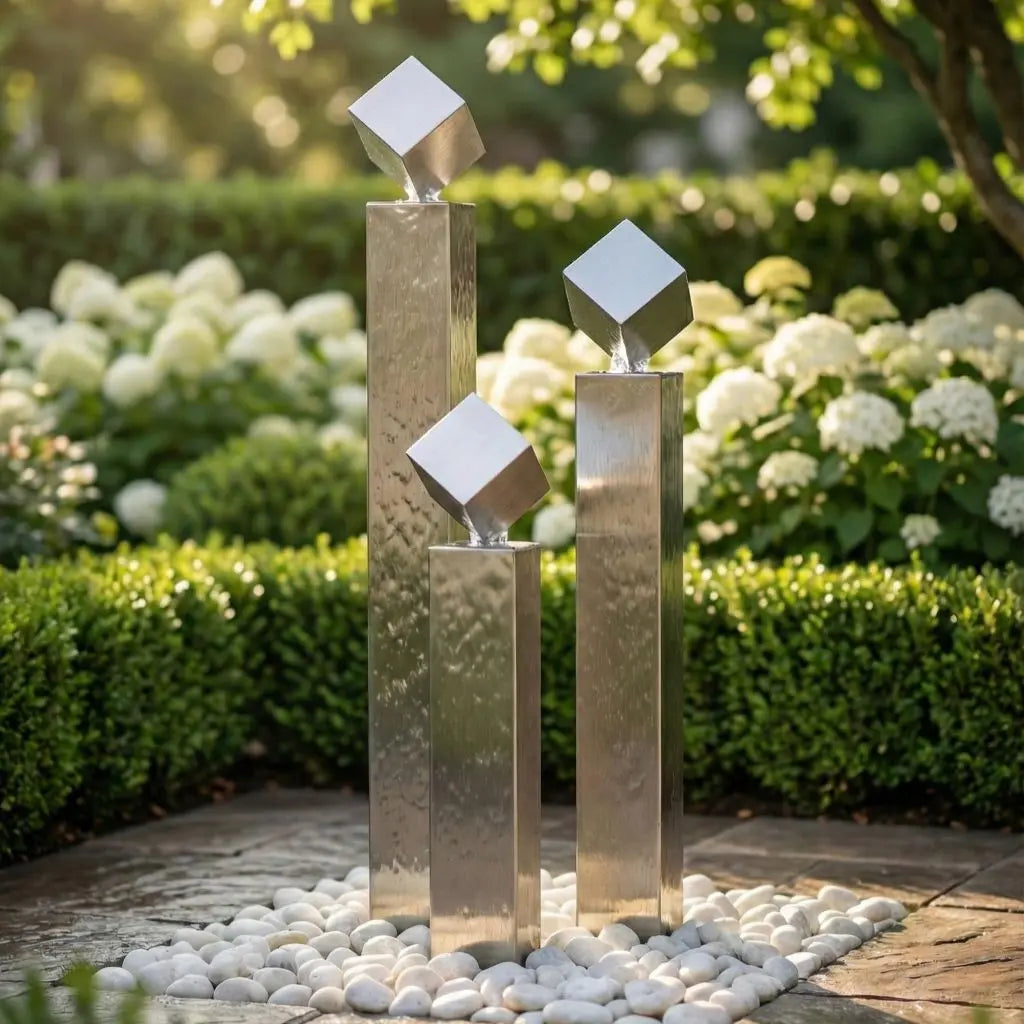 Edelstahl-Gartenbrunnen Balance Cubo 120 cm im 3er-Set mit drei Würfeln in einem modernen
Garten