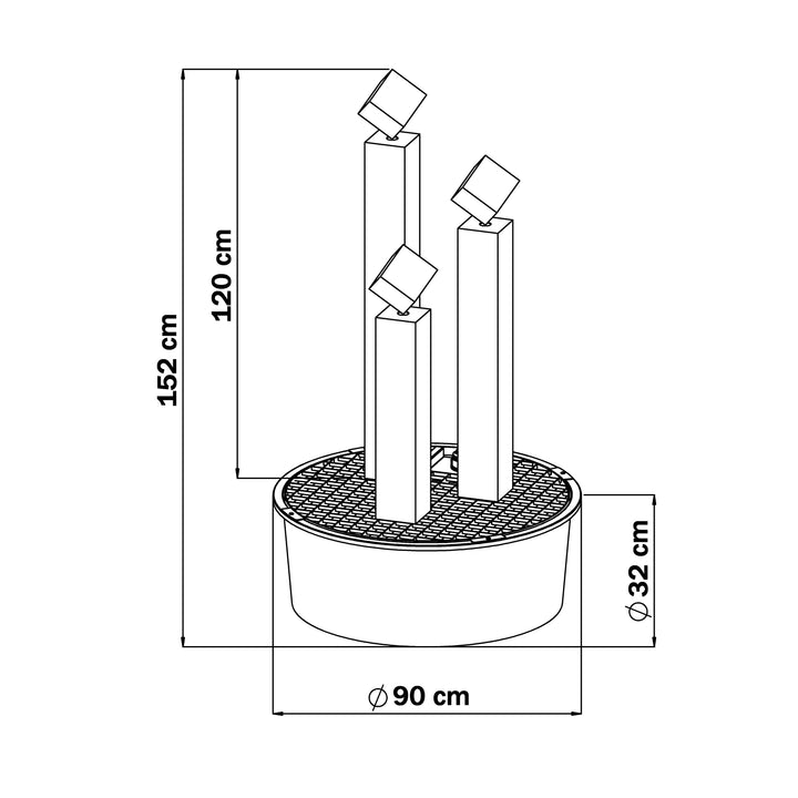 Maßzeichnung des Edelstahl-Gartenbrunnens Balance Cubo 120 cm im 3er-Set