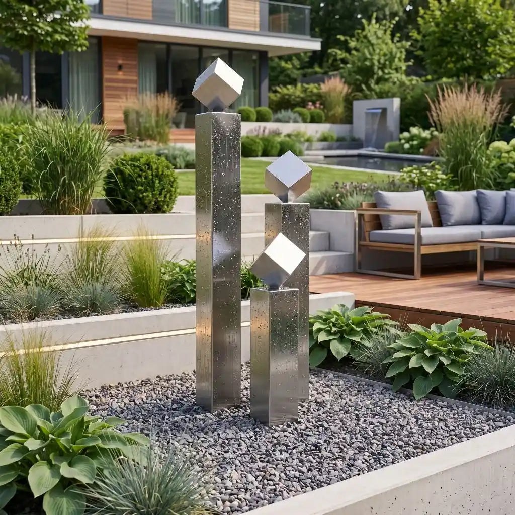 Edelstahl-Gartenbrunnen Balance Cubo 165 cm im 3er-Set mit drei Würfeln in einem modernen
Garten