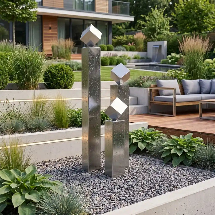 Edelstahl-Gartenbrunnen Balance Cubo 165 cm im 3er-Set mit drei Würfeln in einem modernen
Garten