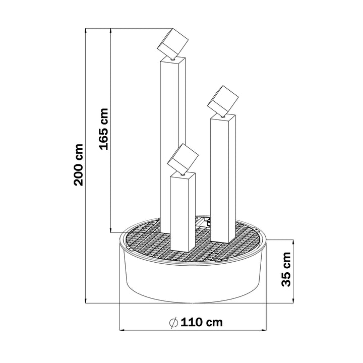 Maßzeichnung des Edelstahl-Gartenbrunnens Balance Cubo 165 cm im 3er-Set