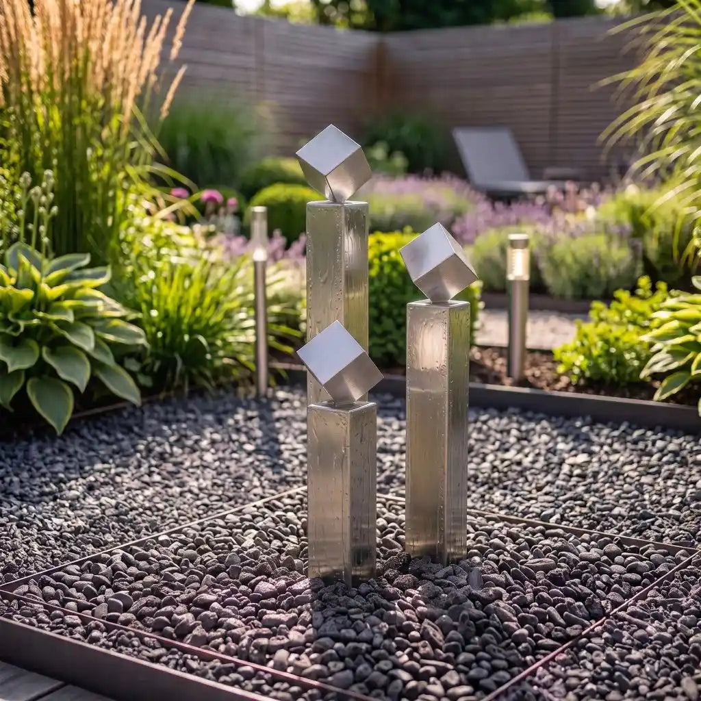 Edelstahl-Gartenbrunnen Balance Cubo 75 cm im 3er-Set mit drei Würfeln in einem modernen
Garten