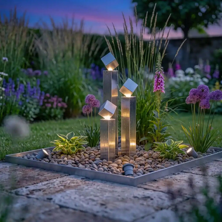 Edelstahl-Gartenbrunnen Balance Cubo 75 cm mit warmweißer LED am Wasseraustritt bei
Dämmerung