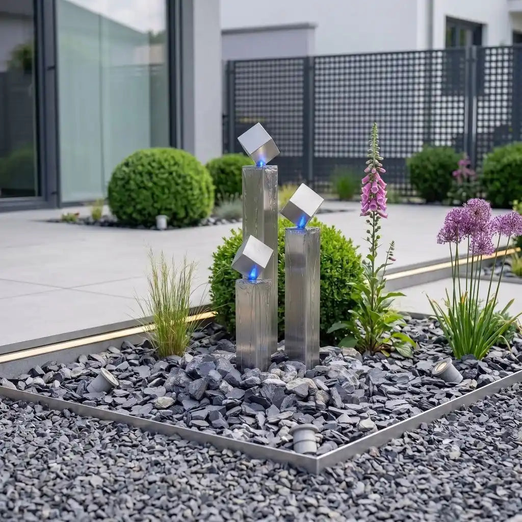 Moderner Edelstahl-Gartenbrunnen Balance Cubo 75 cm mit blauer LED am Wasseraustritt 