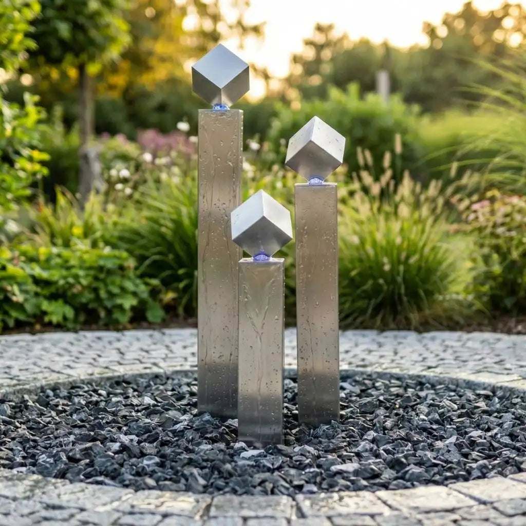 Detail des kubischen Wasseraustritts am Edelstahl-Gartenbrunnen Balance Cubo 95 cm