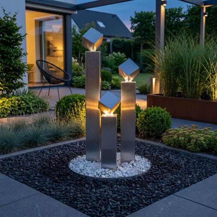 Edelstahl-Gartenbrunnen Balance Cubo 95 cm mit warmweißer LED am Wasseraustritt bei
Dämmerung
