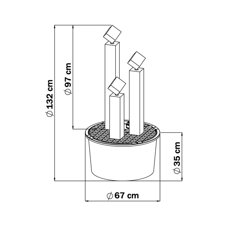 Maßzeichnung des Edelstahl-Gartenbrunnens Balance Cubo 95 cm im 3er-Set