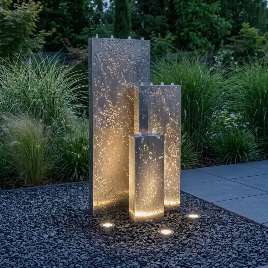 Edelstahl-Gartenbrunnen Linea 120 cm bei Dämmerung mit externer Beleuchtung von unten