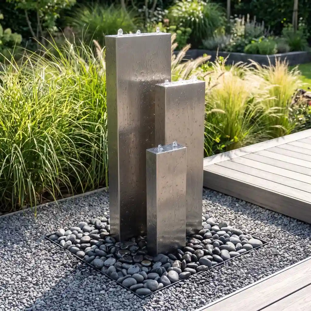 Edelstahl-Wasserwand Linea 120 cm mit drei gestaffelten Säulen auf einer modernen Terrasse