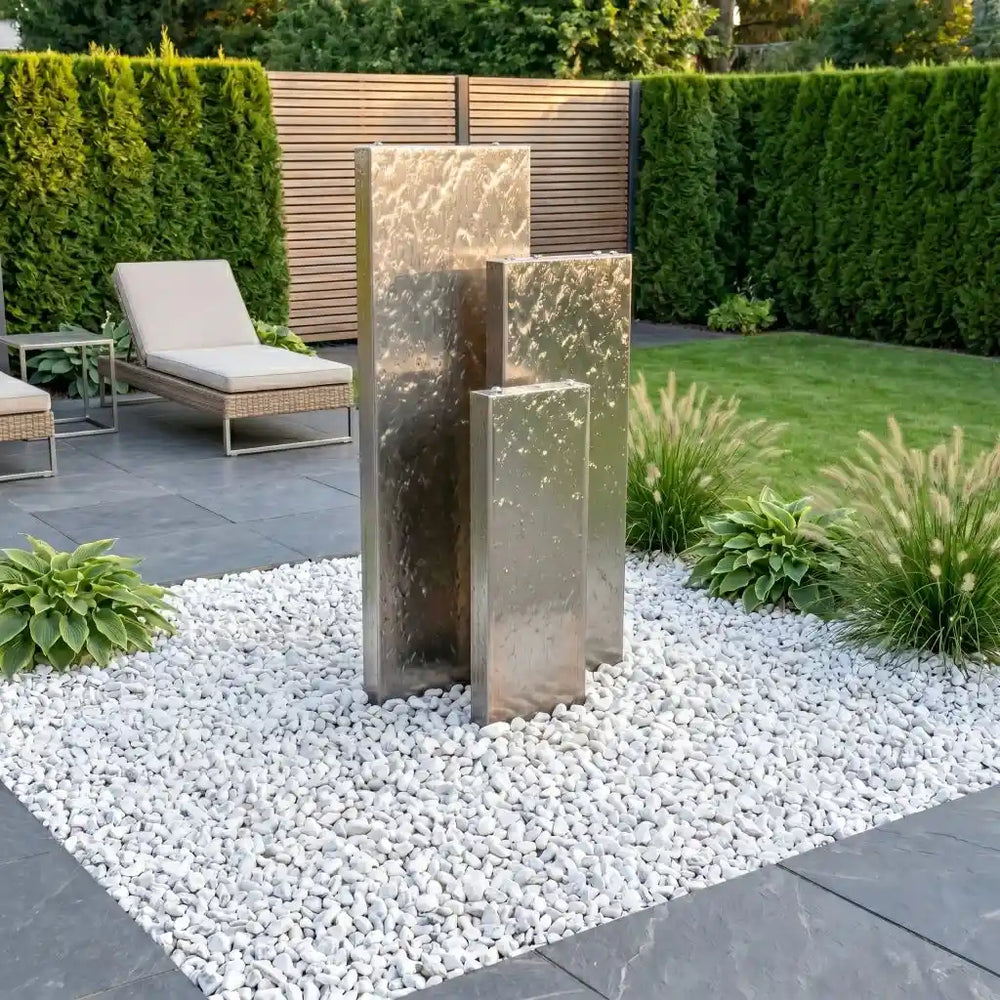 Gleichmäßiger Wasserfilm auf einer Säule des Edelstahl-Gartenbrunnens Linea 150 cm