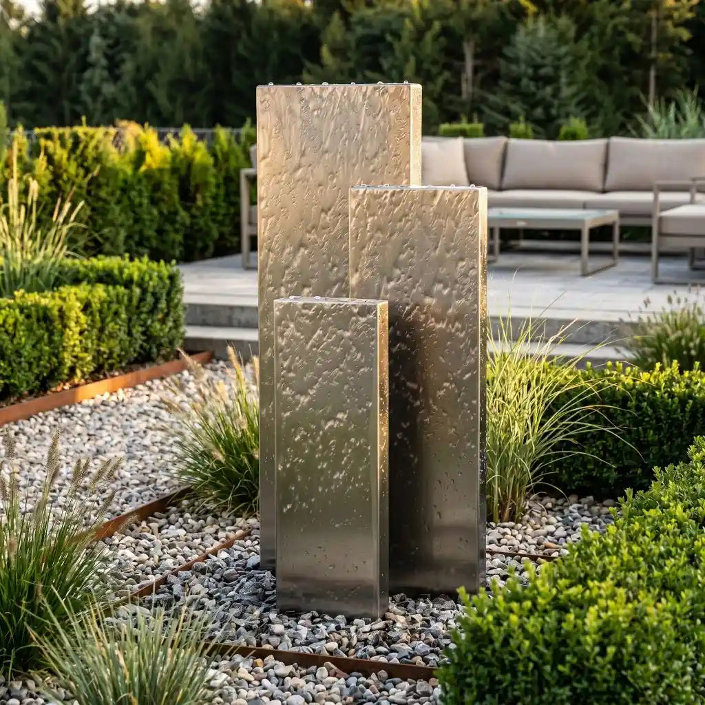 Edelstahl-Gartenbrunnen Linea 150 cm im 3er-Set mit drei Wasserwänden im modernen Garten
