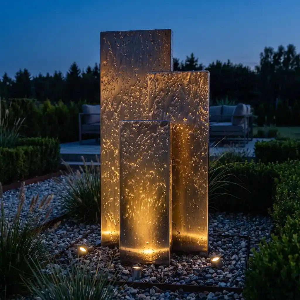 Edelstahl-Gartenbrunnen Linea 150 cm bei Dämmerung mit externer Beleuchtung von unten