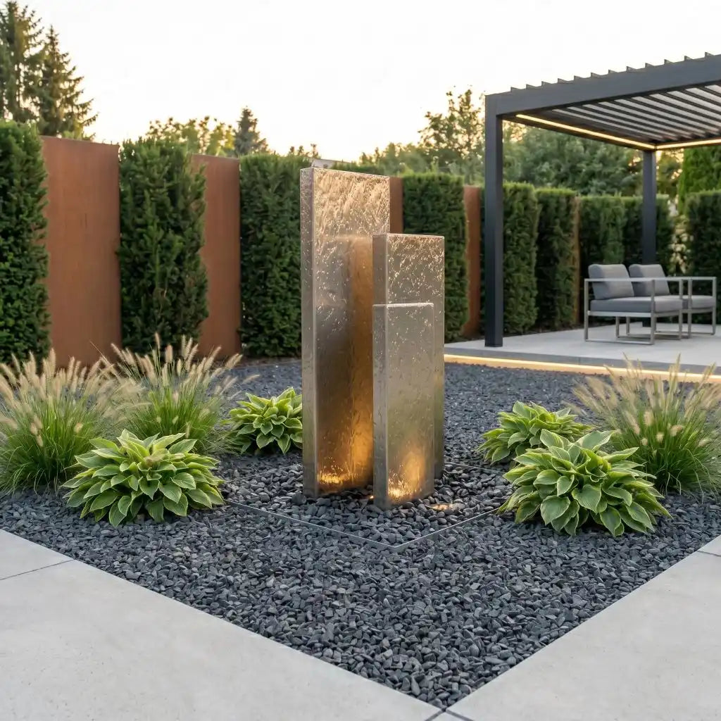 Edelstahl-Gartenbrunnen Linea 150 cm im 3er-Set mit drei Wassersäulen LED angestrahlt