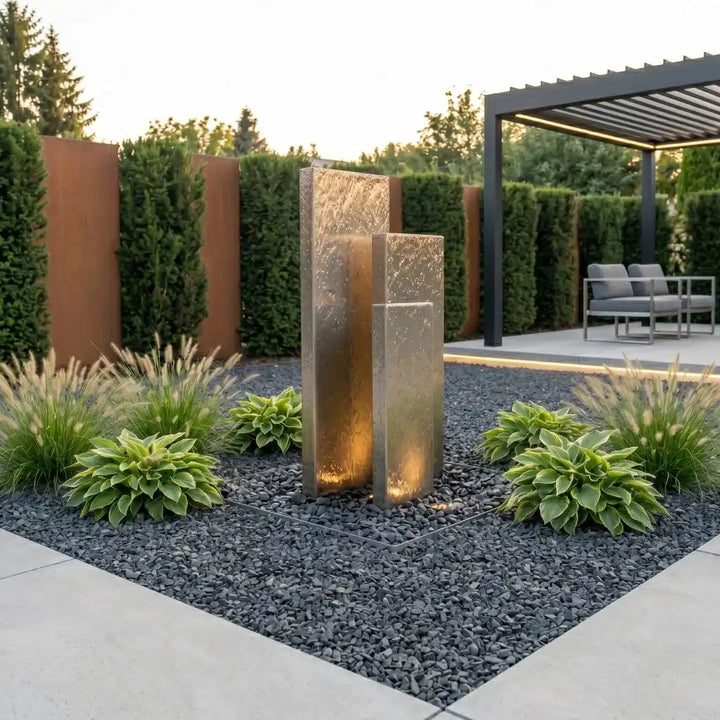Edelstahl-Gartenbrunnen Linea 150 cm im 3er-Set mit drei Wassersäulen LED angestrahlt