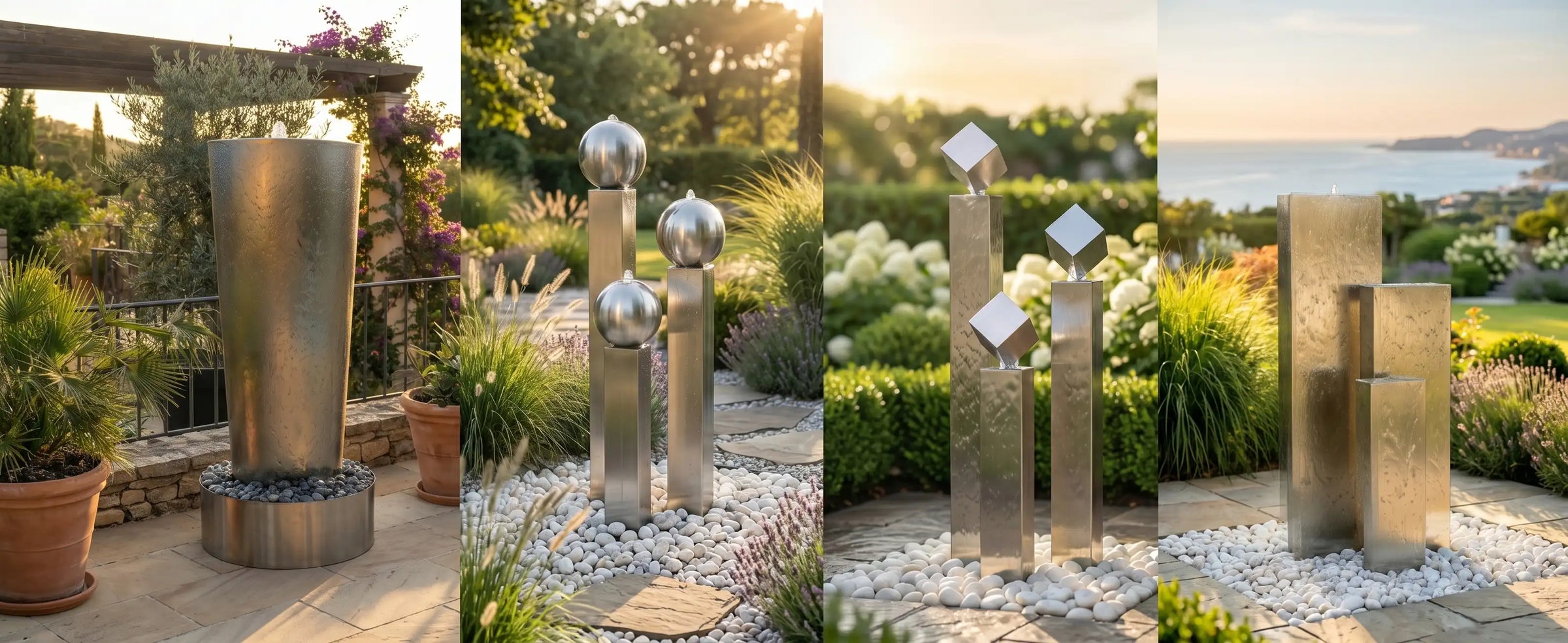  moderne Edelstahl-Gartenbrunnen von GADDIA in unterschiedlichen Designs für Garten, Terrasse und Eingangsbereich