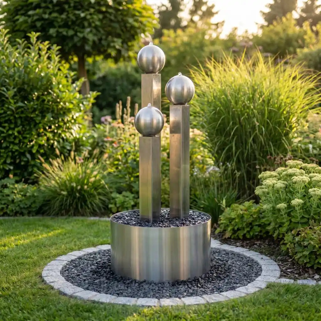 Freistehender Edelstahl-Gartenbrunnen Balance Sphera auf einem runden Kiesbett inmitten einer Rasenfläche.