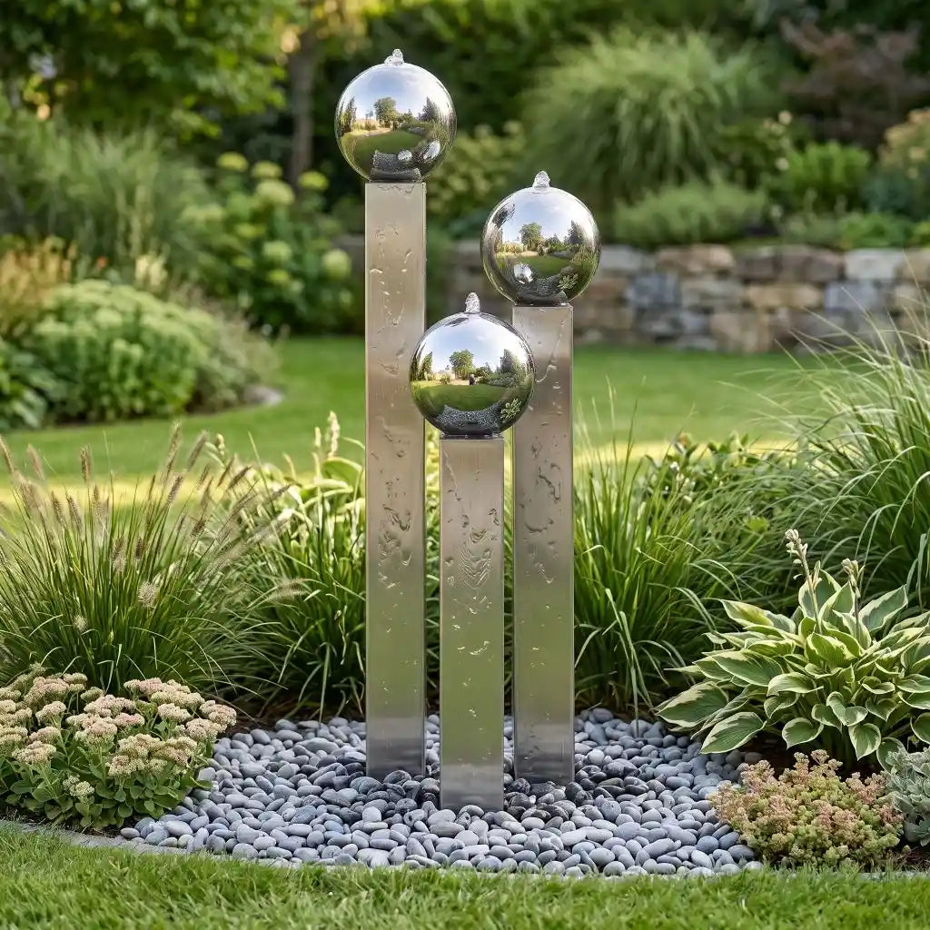 Dreiteiliger Edelstahl-Brunnen mit Säulen und Kugeln in einem üppig bepflanzten, grünen Garten.
