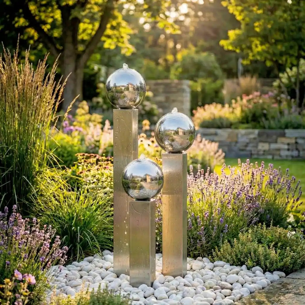 Balance Sphera Edelstahl-Gartenbrunnen im 3er-Set mit Kugeln