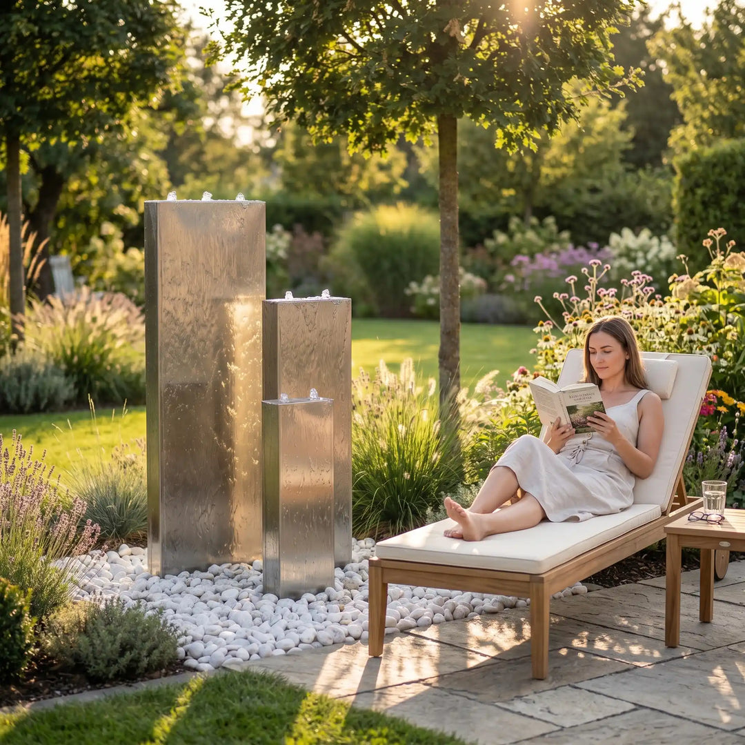 Linea Edelstahlbrunnen als harmonisches 3er-Set mit unterschiedlich hohen Stelen
