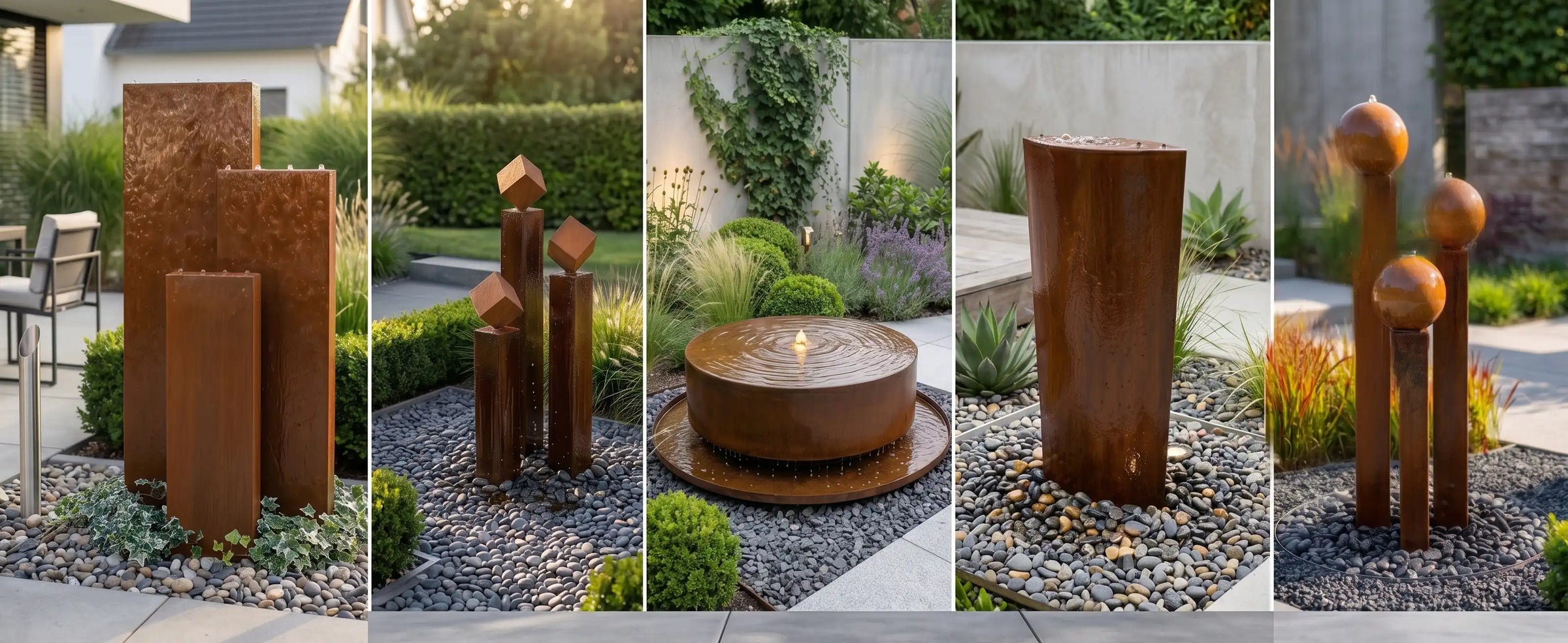 verschiedene Modelle von Gartenbrunnen aus Cortenstahl