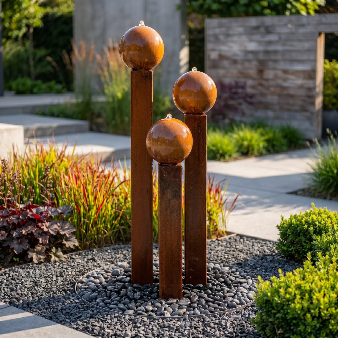 Wasserspiel Gartenbrunnen Cortenstahl: Architektonisches 3er Set Komplettset Balance Sphera 120 cm von Gaddia als Blickfang im Garten.
