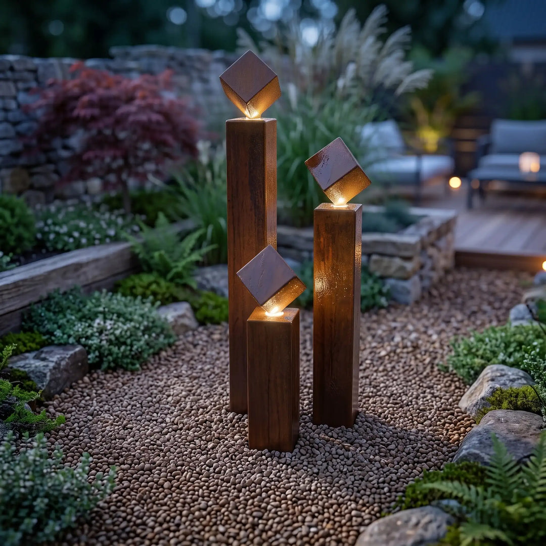 Balance Cubo Gartenbrunnen aus Cortenstahl mit drei Säulen und Würfeln von unten beleuchtet