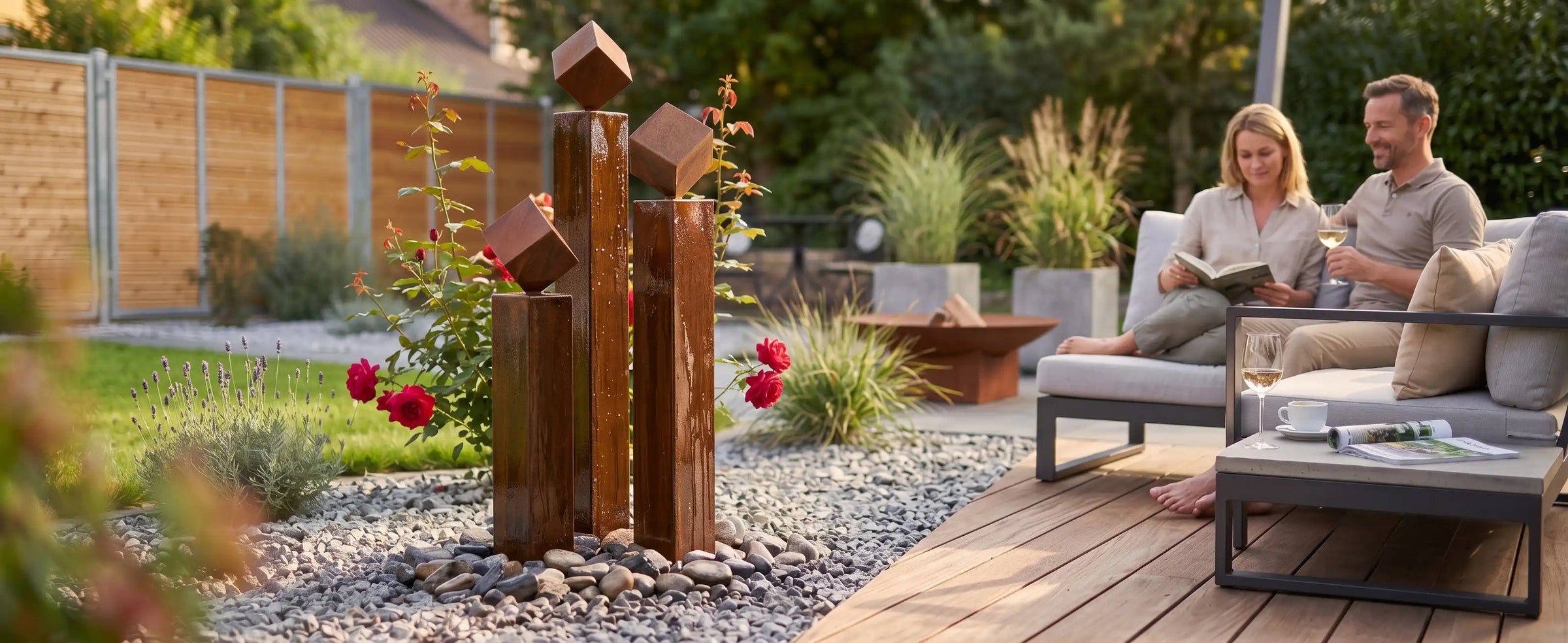 Balance Cubo Gartenbrunnen aus Cortenstahl mit drei Säulen und Würfeln