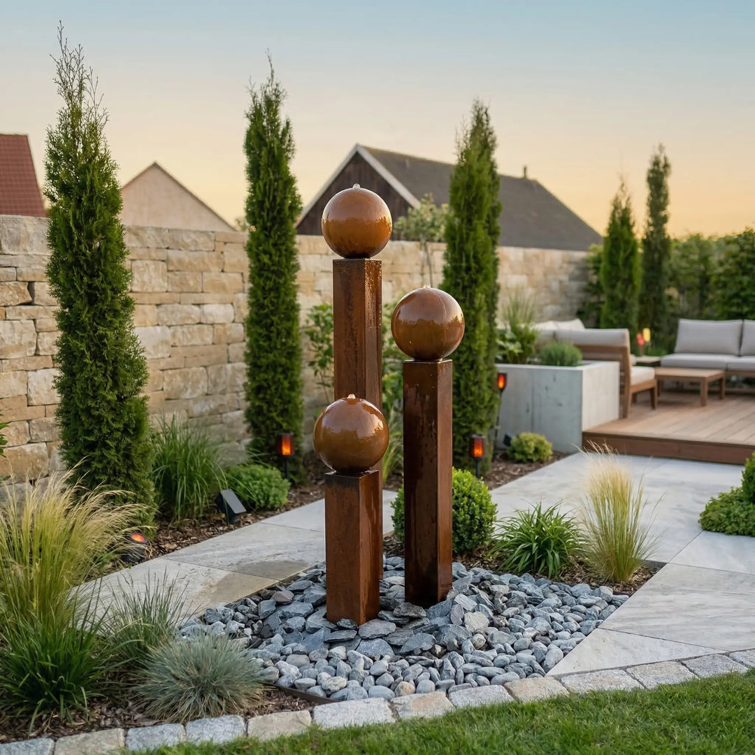 Repräsentativer Gartenbrunnen Cortenstahl: Hohes 3er Set Komplettset Balance Sphera 145 cm von Gaddia als edles Design im Eingangsbereich.