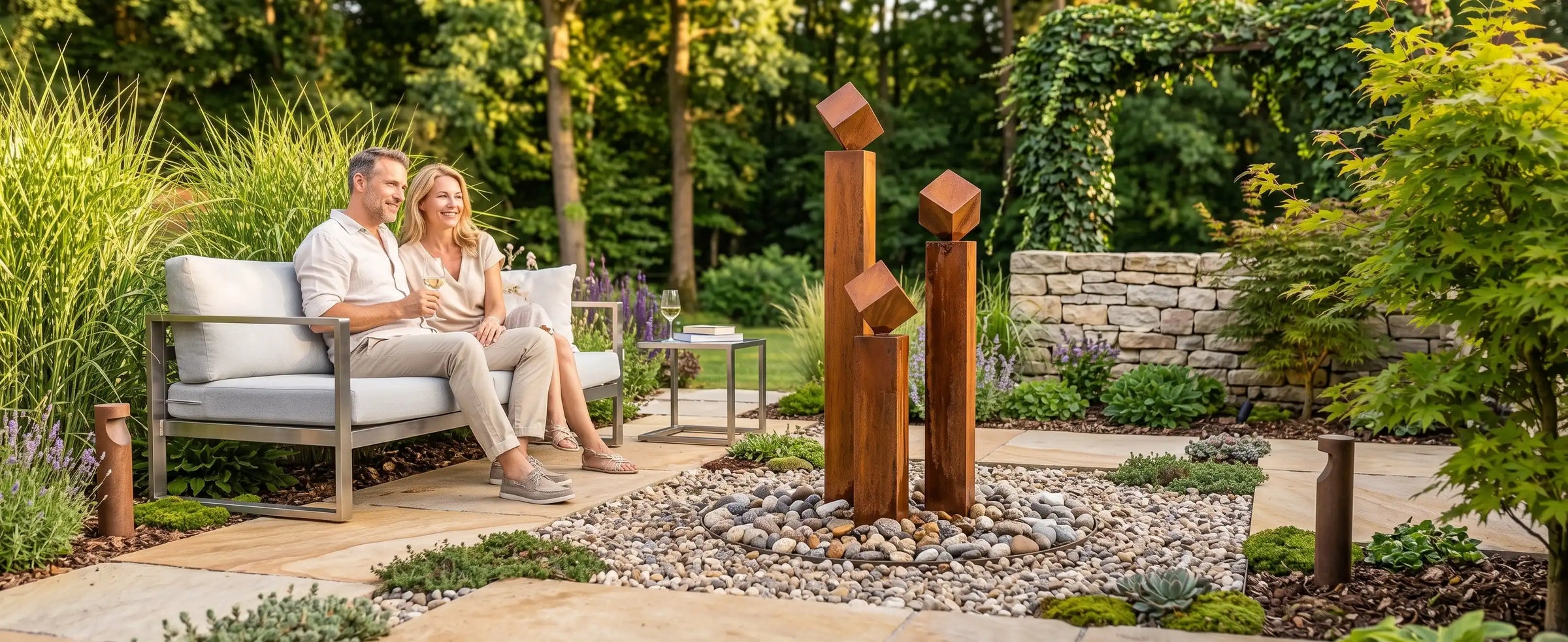 Balance Cubo Säulenbrunnen aus Cortenstahl mit drei Säulen und Würfeln