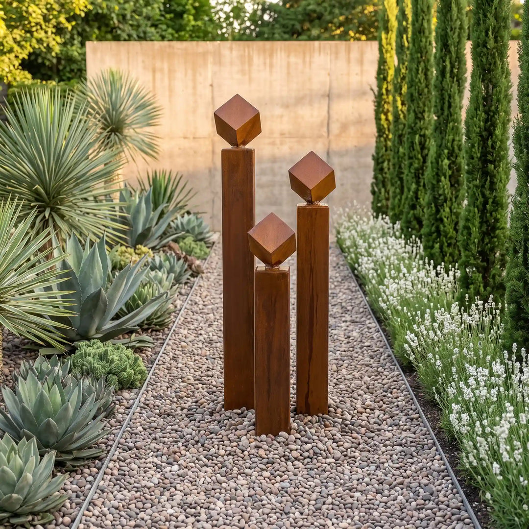 Balance Cubo 120 Wasserspiel aus Cortenstahl in einer modernen Gartenanlage