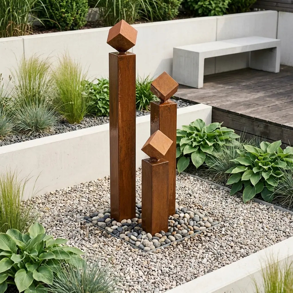 Großer Balance Cubo 165 Cortenstahl-Gartenbrunnen für einen repräsentativen Außenbereich