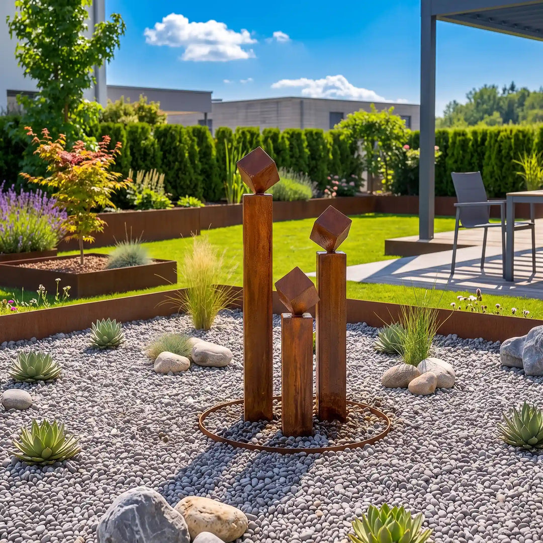Balance Cubo 95 Design-Gartenbrunnen aus Cortenstahl neben Terrasse