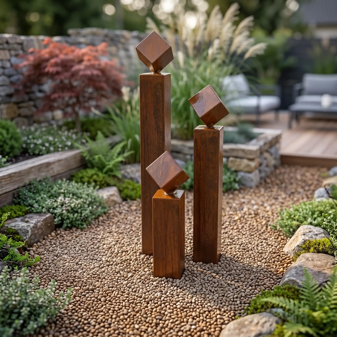 Balance Cubo 75 Wasserspiel aus Cortenstahl in einer modernen Gartenanlage