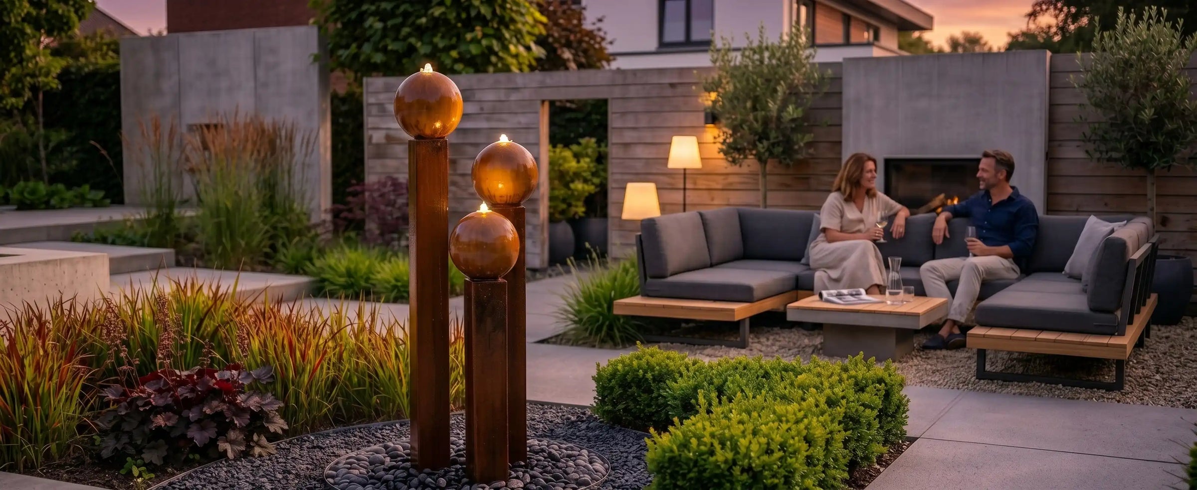 Balance Sphera Gartenbrunnen aus Cortenstahl mit drei kugeln in einer modernen Gartenlounge bei Abendlicht