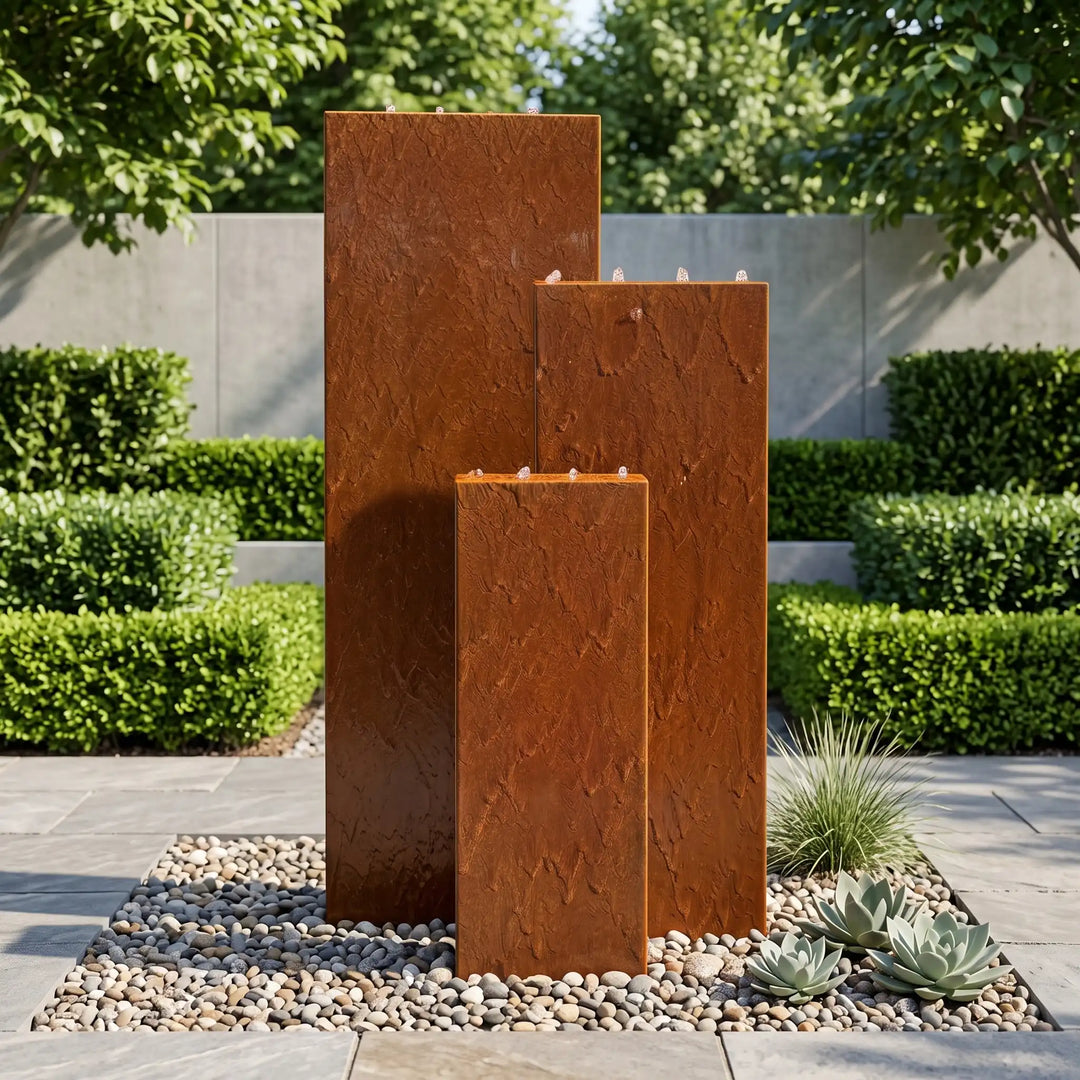 Großer Linea 110 Gartenbrunnen aus Cortenstahl als 3er Set im Garten