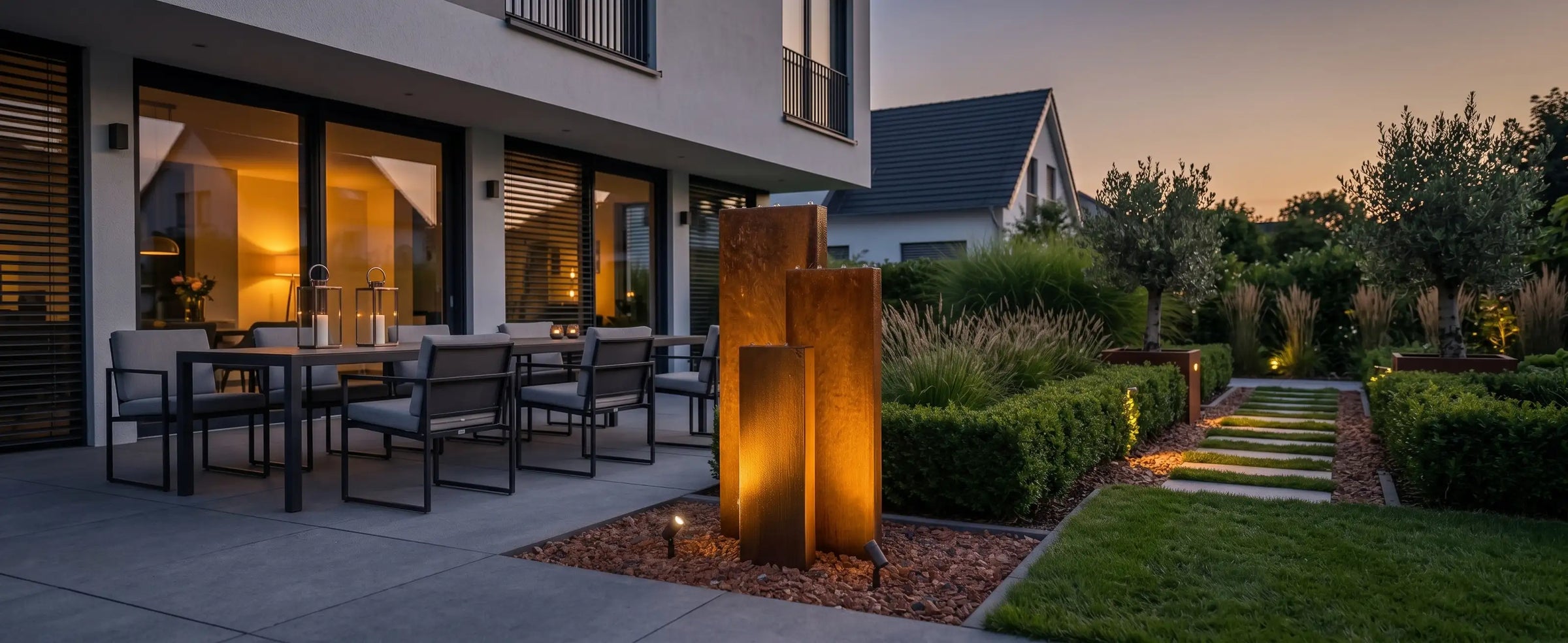 Linea Cortenstahl-Gartenbrunnen mit Erdstrahlern beleuchtet bei Dämmerung