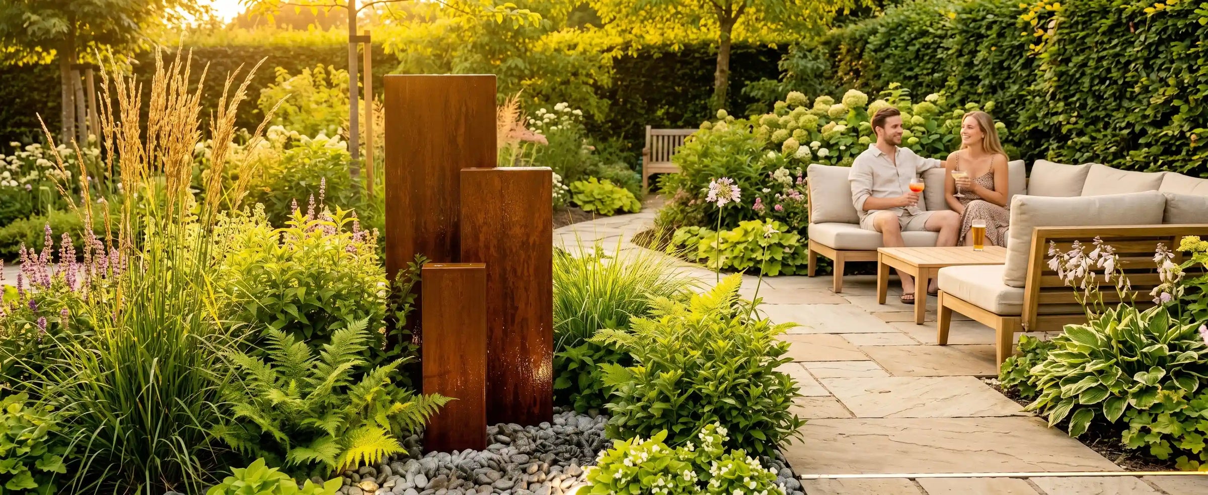 Linea Gartenbrunnen aus Cortenstahl mit drei rechteckigen Säulen 
