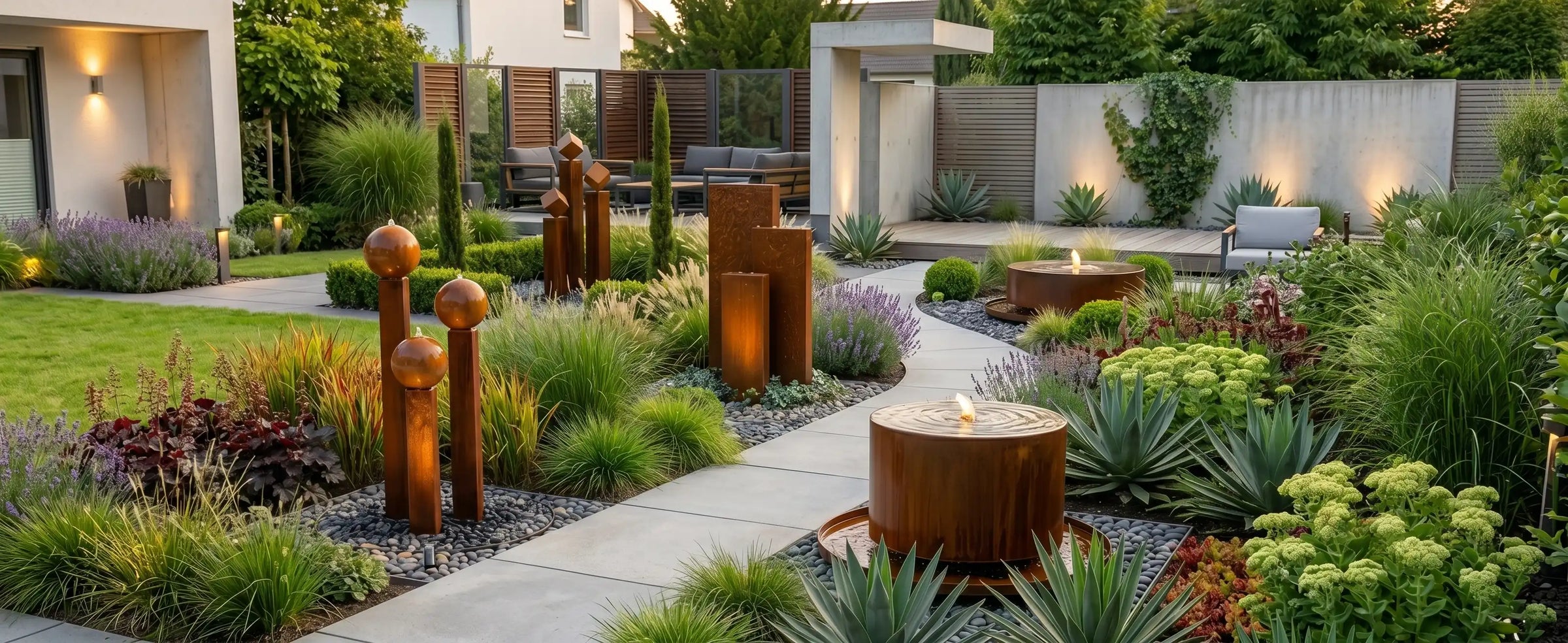Cortenstahl Gartenbrunnen in verschiedenen Größen und Designs in einer modernen Ausstellung – Gaddia