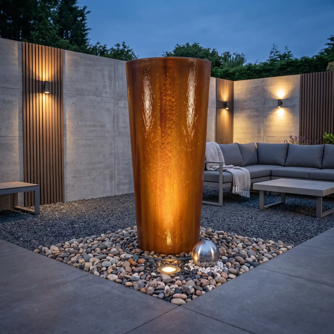 Ellipse Cortenstahl-Gartenbrunnen mit externem beleuchtung am Abend