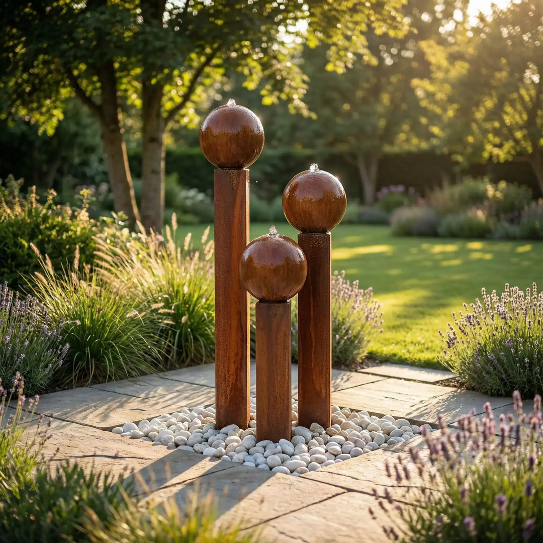 Gartenbrunnen Cortenstahl Komplettset: Das 3er Set Modell Balance Spera von Gaddia mit sprudelnden kugeln für moderne Gartengestaltung.