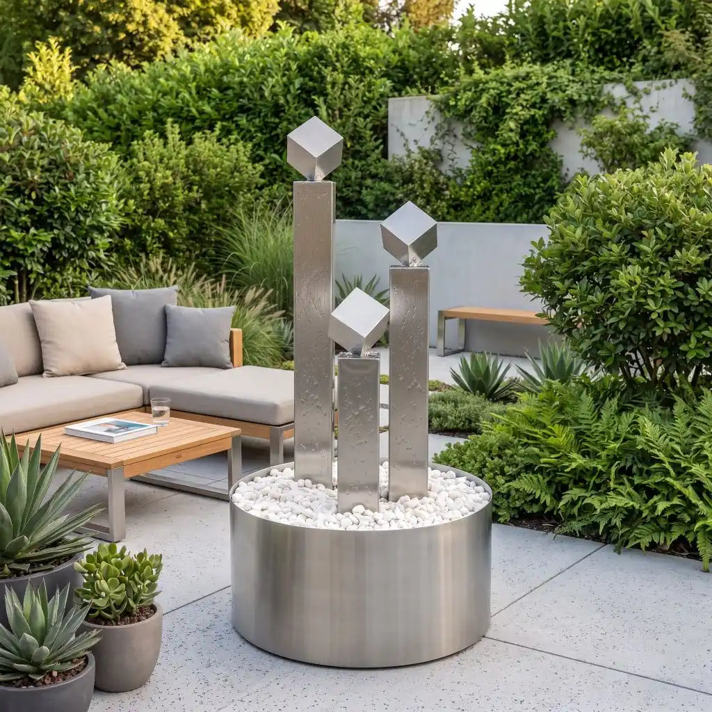 Edelstahl-Gartenbrunnen Balance Cubo  im 3er-Set mit drei Würfeln mit Umrandung auf Terasse