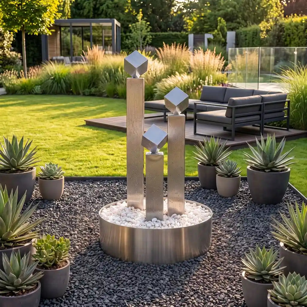 Edelstahl-Gartenbrunnen Balance Cubo  im 3er-Set mit drei Würfeln und Umrandung teilversenkt