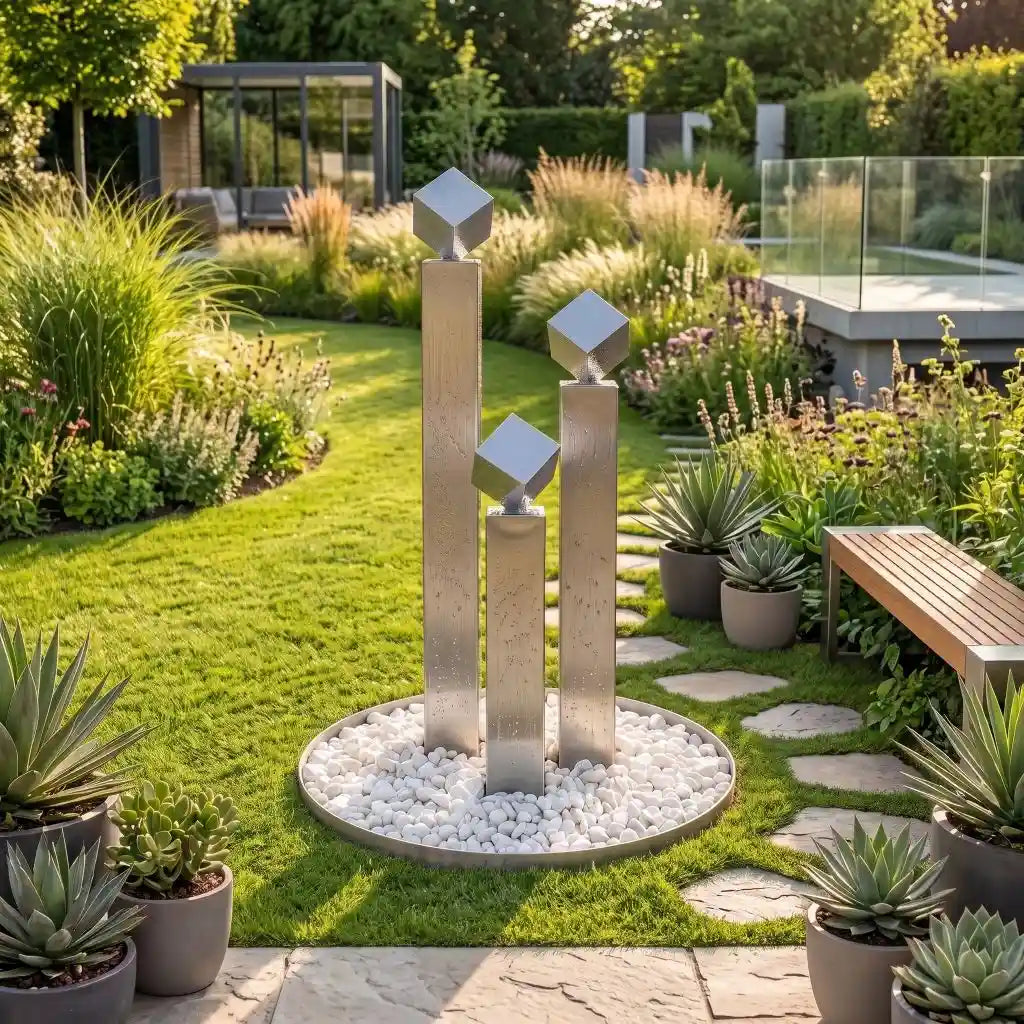Edelstahl-Gartenbrunnen Balance Cubo  im 3er-Set mit drei Würfeln im Boden versenkt