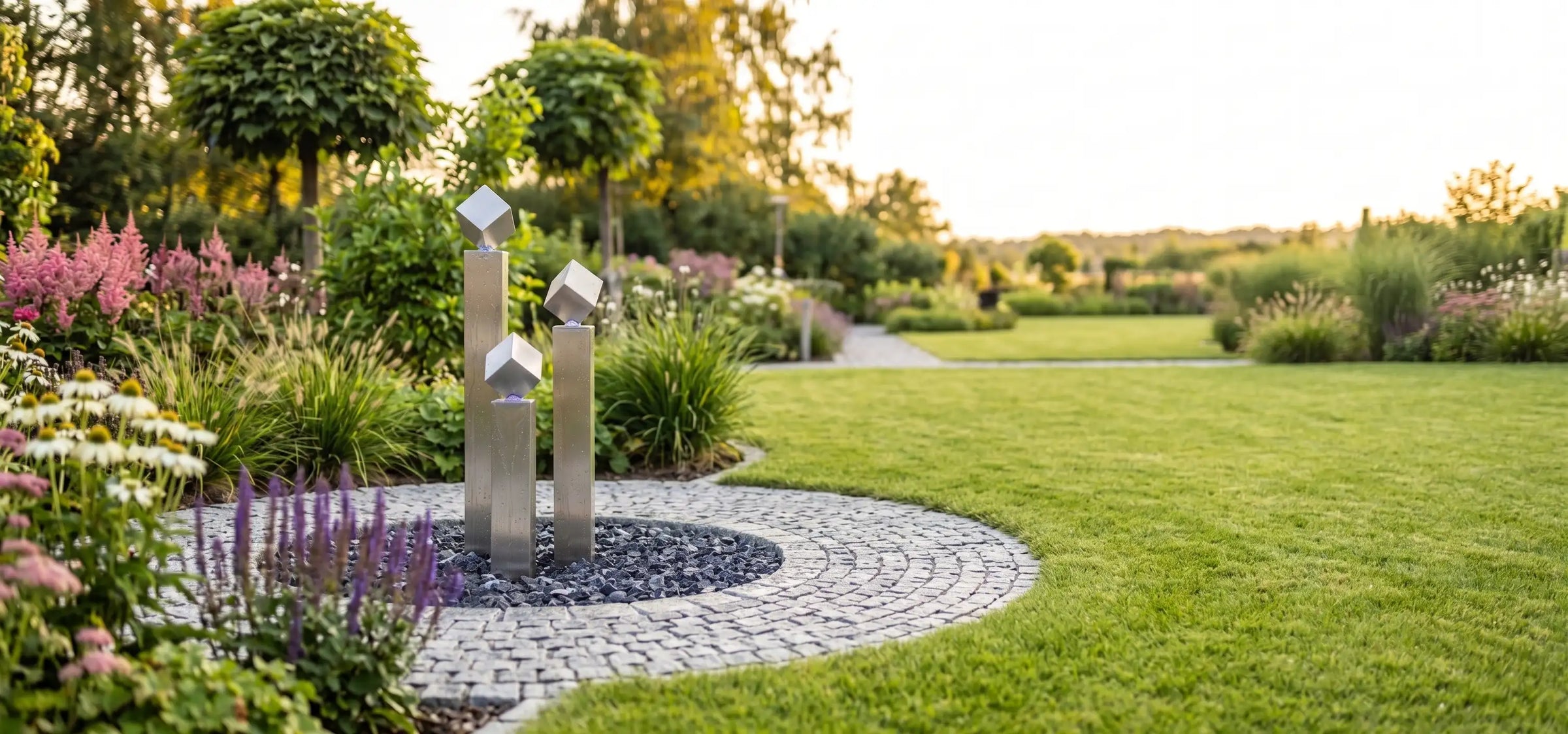 Balance Cubo Gartenbrunnen aus Edelstahl mit drei Säulen und Würfeln