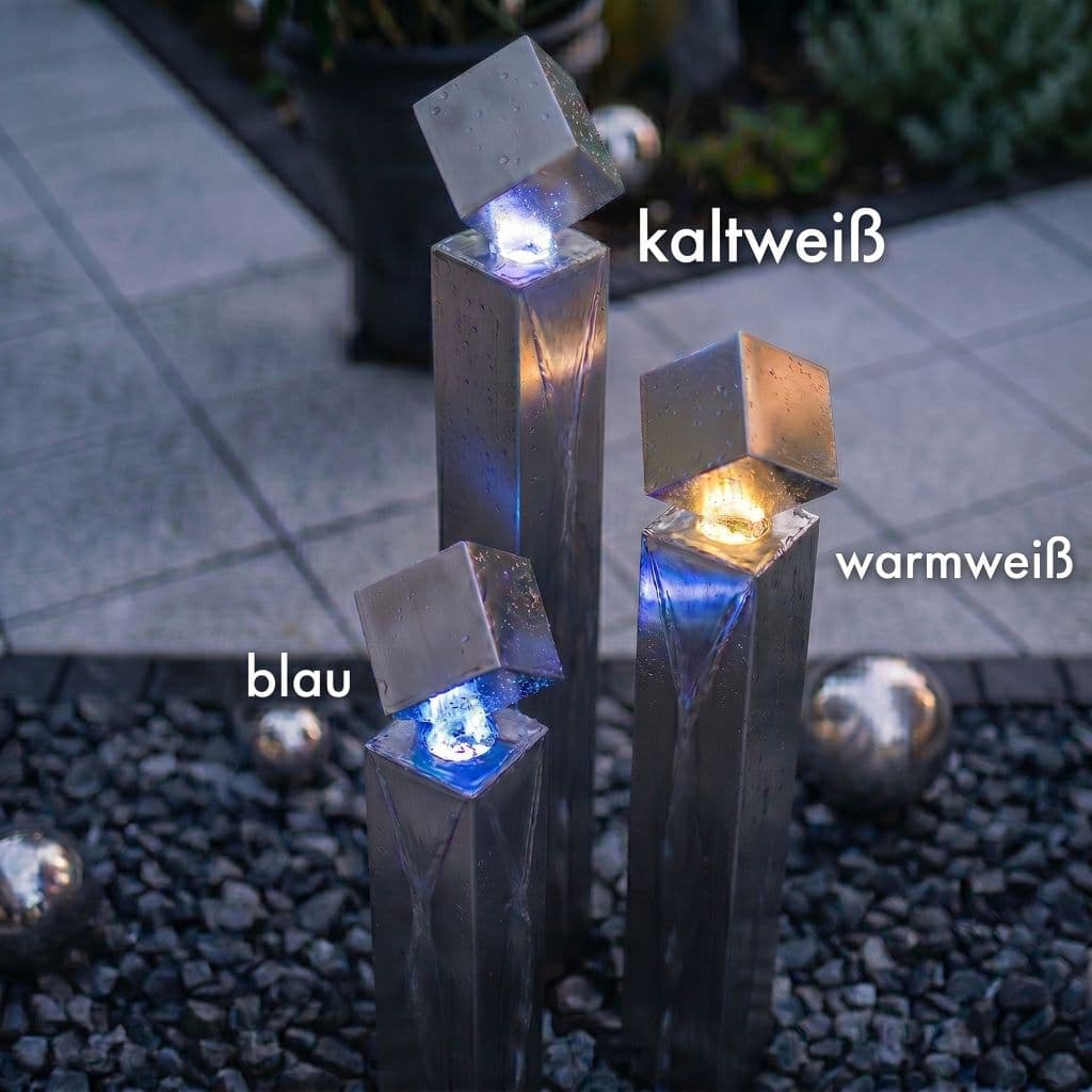 Edelstahl-Gartenbrunnen Balance Cubo  im 3er-Set mit drei Würfeln LED beleuchtet