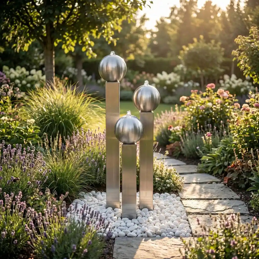 Elegantes Edelstahl-Wasserspiel mit drei Kugeln in einem idyllischen Garten bei Sonnenuntergang.