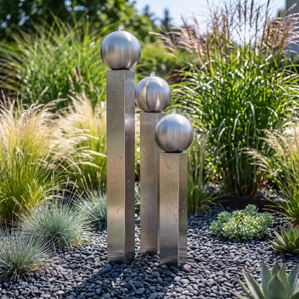 Edelstahl-Gartenbrunnen Balance Sphera 120 cm im 3er-Set auf dunklem Zierkies zwischen Gräsern.